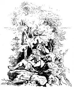Vom tapfern Schneiderlein (1857): Die Titelfigur ärgert zwei Riesen / Quelle: Grimm-Bilder Wiki