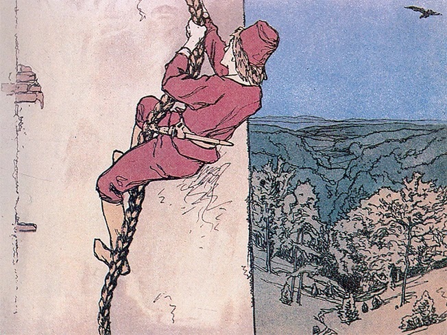 Rapunzel (1922): Ernst Liebermann zeigt in seiner Illustration den kletternden Prinzen / Quelle: Grimm-Bilder Wiki
