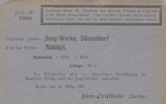 Rapunzel (D 1921): Die Zulassungskarte hat sich im Bundesarchiv-Filmarchiv in Berlin erhalten / Quelle: BArch