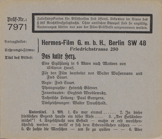 Das kalte Herz (1923): Zulassungskarte der Film-Prüfstelle Berlin vom 19.12.1923 (Seite 1) / Quelle: BArch