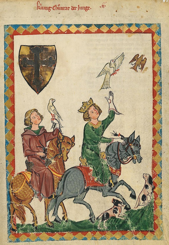 Codex Manesse: König Konrad (1252–1268, r.), einer der Dichterfürsten / Quelle: Codex Pal. Germ. 848, fol. 7r.